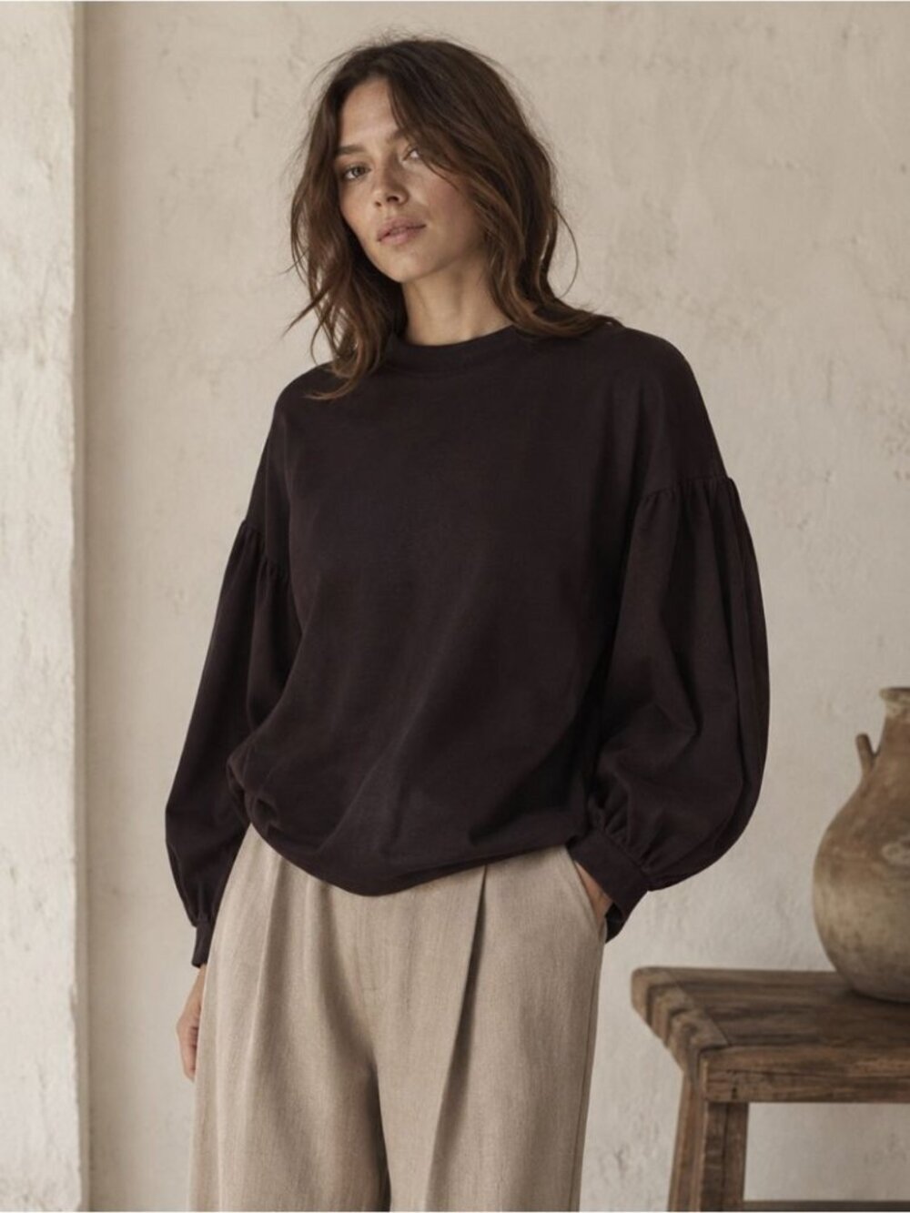 Vestige Story Dark Brown Organic Cotton Blend Balloon Sleeve Sweatshirt One Size